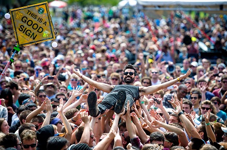 Michael Deni of Geographer at the Outside Lands Music Festival (© Paige Parsons).
