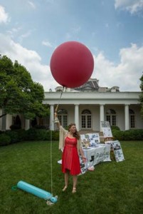 Sara Ann Wylie of Public Lab shows the do to yourself Balloon Mapping Kit, during the first ever White House Maker Faire, which brings together students, entrepreneurs, and everyday citizens who are using new tools and techniques to launch new businesses, learn vital skills in science, technology, engineering, and math (STEM), and fuel the renaissance in American manufacturing, at the White House, Wednesday, June 18, 2014 in Washington. The Balloon Mapping Kit enables you to take your own aerial photos from 1000 ft or higher. The President announced new steps the Administration and its partners are taking to support the ability of more Americans, young and old, to have to access to these tools and techniques and brings their ideas to life. Photo Credit: (NASA/Bill Ingalls)