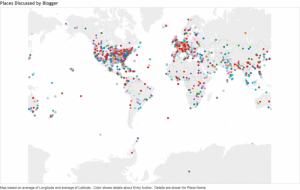 In geoparsing data scrape, this may shows places mentioned by bloggers.