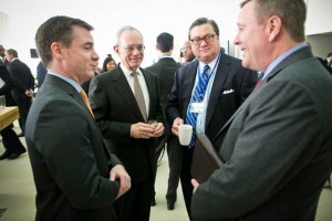Israel Ruiz, MIT executive vice president and treasurer, left; MIT President L. Rafael Reif; Bob Reynolds, CEO of Putnum Investments; and Scott Blackmun, CEO of the United States Olympic Committee