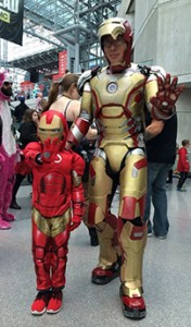 Chan (right) in an Iron Man costume with Groot, a life form from outerspace