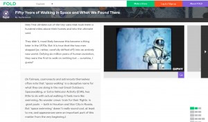 “Fifty Years of Walking in Space and What We Found There” includes context cards with videos on the first space walk in 1965, NASA TV, and space robots.