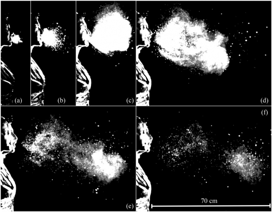 A 340-millisecond sequence that illustrates the evolution of droplets emitted during a sneeze. Image: MIT News.