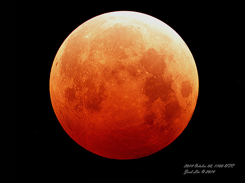 Eclipsed Moon at totality. Captured with a SXVR-H81, an advanced, high-resolution cooled CCD camera, processed in PixInsight and Photoshop (© Jack Liu).