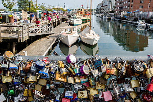 Portland’s famed Love Locks fence, moved from Commercial Street to DiMillo’s floating restaurant, Portland, Maine (© Yu-Hsin Chen).