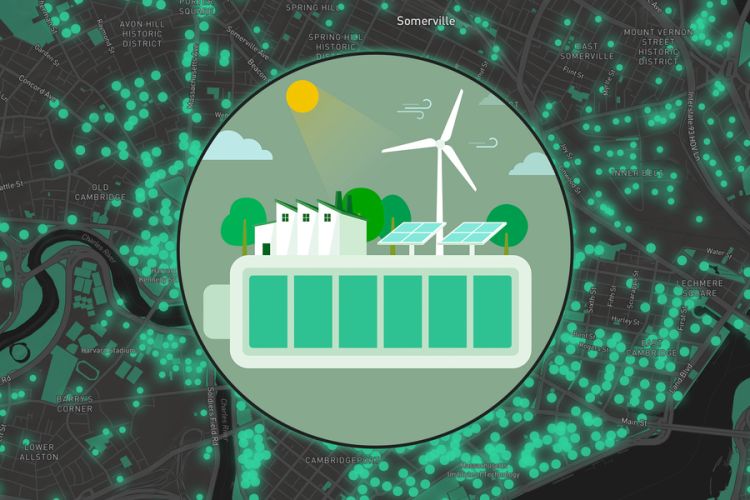 Graphic of a green building with wind power, trees, and sunlight in the background, on a satellite map