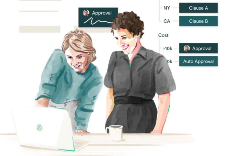 A graphic of two women looking at a computer screen 