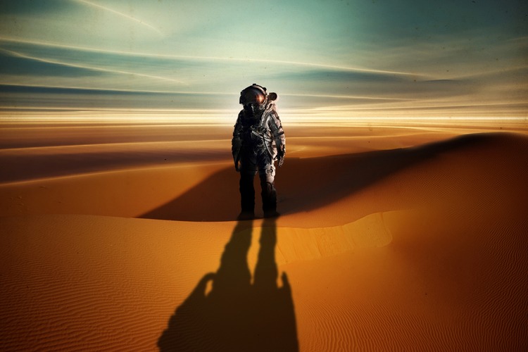 Poster art for the film Beachworld shows an astronaut on a desert-like planet