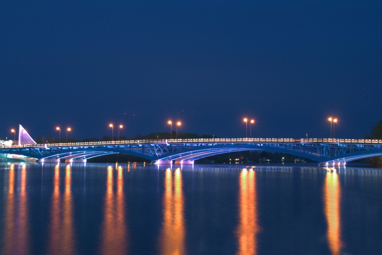 Nighttime view of Kenneth F. Burns Memorial Bridge
