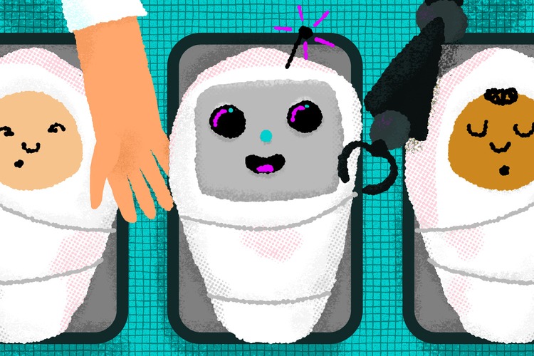 Illustration: a swaddled robot in a nursery surrounded by babies