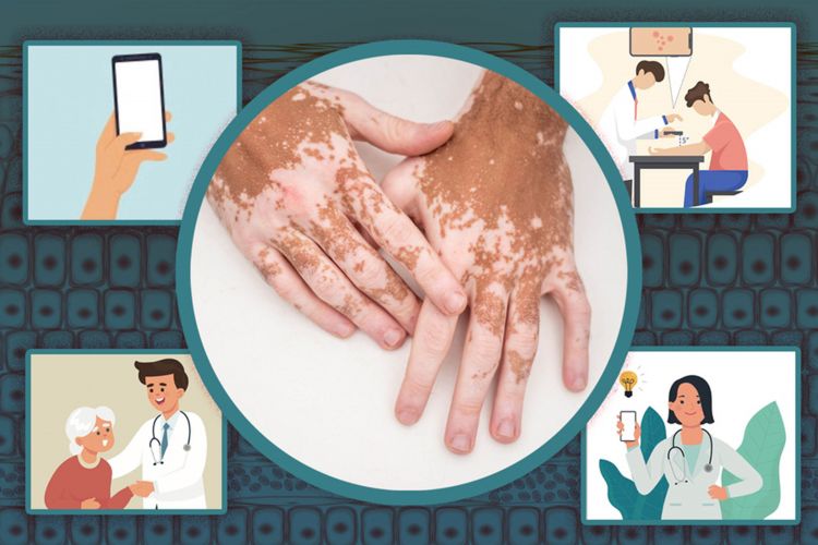 Center circle with hands showing skin color variation. The circle is surrounded with four squares, each of which has an illustration These show a cellphone,  a doctor scanning a patient's arm, a doctor holding a phone, and a doctor with a patient.