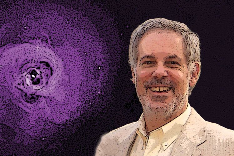 Illustrated headshot of Richard Mushotzky with purple swirling cloud of Perseus Galaxy in the background