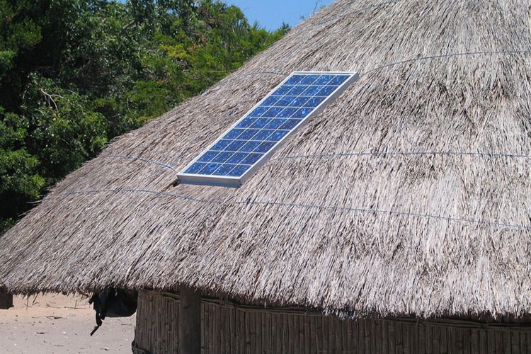 A solar panel is shown embedded in a grass roof.