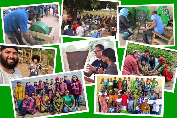 A collage of photos on a green background. Clockwise from left top, there is a man working a grinding wheel; a woman addressing a group gathered under a tree; two people working on a machine; four people digging their hands into dirt; two big group shots (more than 15 people in each); two people in a garden; and, a center, a photo of two women looking at a metal hopper.