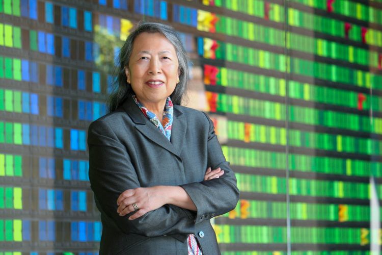 Portrait of Elizabeth Ng in a gray suit with arms folded. She is shown from the waist up and the background is a wall formed of colored rectangles, many bright green or blue.