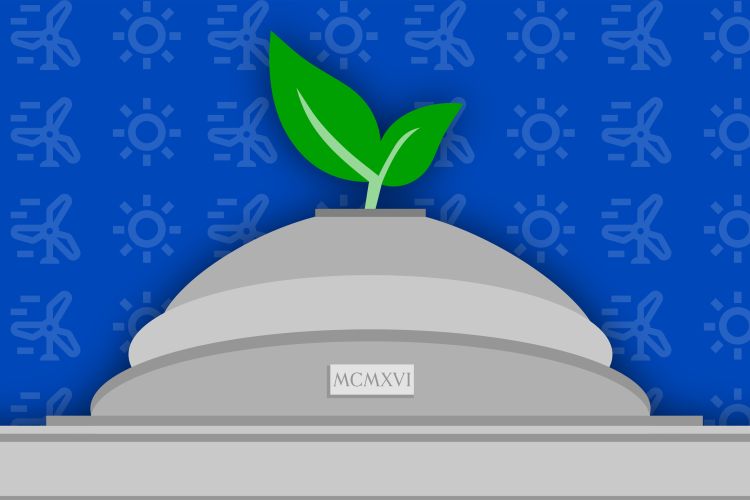 Illustration shows a gray dome against a blue background. Two green leaves sprout from the top of the done. Little wind turbine and sun symbols wallpaper the blue background.
