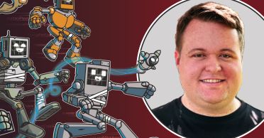 Photo illustration shows cartoon robots at left, running toward large inset headshot of Aaron Vontell.
