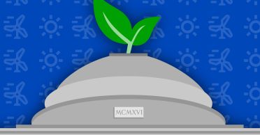 Illustration shows a gray dome against a blue background. Two green leaves sprout from the top of the done. Little wind turbine and sun symbols wallpaper the blue background.