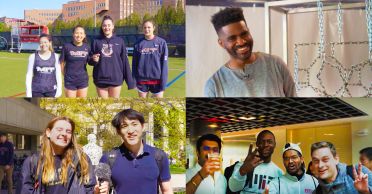 Image collage with four photos, clockwise starting in the top left, four athletes on a field, one student with a metal structure behind him, four male students posing for a photo and giving peace signs, and two students holding a microphone on MIT's campus with the alchemist statue behind them