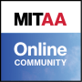 A square icon with MITAA in a white bar and Online Community below on a blue background.