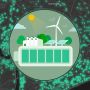 Graphic of a green building with wind power, trees, and sunlight in the background, on a satellite map