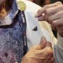 A photo of a bronze beaver pinned to the lapel of a jacket