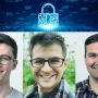 Three MIT alumni portraits with a digital lock above their heads