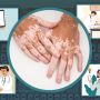 Center circle with hands showing skin color variation. The circle is surrounded with four squares, each of which has an illustration These show a cellphone,  a doctor scanning a patient's arm, a doctor holding a phone, and a doctor with a patient.