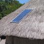 A solar panel is shown embedded in a grass roof.