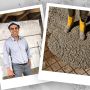 A photo illustration shows two white-bordered photos against a cement-like background. One photo is of Rouzbeh Savary. The other is of yellow boots in a pool of cement.