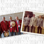 Two photos side by side, with a group of four men, the left one taken recently while at MIT's reunions and the right one a vintage photo from the 1970s, with a background of the MITALUMI logo