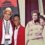 Side-by -side photos show Curtis and Beverly Morrow in red jackets with an MIT background in 2023 (left) and in a blurry 1973 photo in which Curtis wears a plaid sweater and bowtie and Beverly wears a white dress and hat. They are embracing in both images.