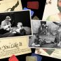 In this photo illustration, two black and white photos are layered on top of two posters for As You Like It by the MIT Shakespeare Ensemble. Some tickets of different colors are strewn about. In the photo on the left, a person in a hat points at a man lying down. In the photo at right, a man in a jester hat lies on his stomach, leaning on his elbows. A woman stands nearby, arms akimbo. A theatrical tree can be seen in the background with another person standing nearby.