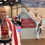 Noelle Kanaga DeLuca ’06 is shown in two side-by-side images. On the left, she is draped in an American flag and wearing multiple medals around her neck. On the right, she is performing a kick wearing karate clothes and medals.