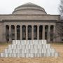 In the middle of Killian Court, a stout pyramid of the glass bricks is four layers tall, and looks about 15 feet across and four feet high.