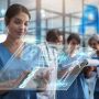 A person in blue scrubs appears to consult a screen of information displayed in midair. Other apparent medical professionals can be seen in the background.