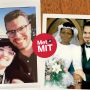 A photo collage with two images and a graphic that says Met @ MIT in the middle, image on the left is a couple taking a selfie outside with a building with columns behind and on the right a couple in a suit and wedding in a church