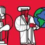 Illustration featuring two figures in robes. One holds a hammer and the other a globe.