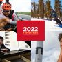Four photos pieced together with a red rectangle in the middle, clockwise from bottom left: Sitan Chen resting on a piano, Debra Meyerson and Steve Zuckerman on their bike saying hi to their dog, Dick Shulze snowboarding, and Tiera Fletcher outside with a rocket to her left