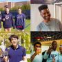 Image collage with four photos, clockwise starting in the top left, four athletes on a field, one student with a metal structure behind him, four male students posing for a photo and giving peace signs, and two students holding a microphone on MIT's campus with the alchemist statue behind them