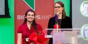 Nesterly cofounders Rachel Goor MCP ’17 and Noelle Marcus MCP ’17 winning the Community Resilience Prize at the NYC BigApps Grand Prize Winners Award Ceremony (5/23/17). Photo: Bekka Palmer