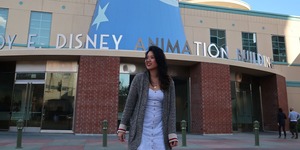 Woman standing in front of Disney Animation Studios