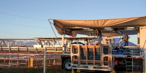Prototypes of machines from Charge Robotics’ autonomously assemble sections of a solar farm as part of a pilot project in partnership with SOLV Energy