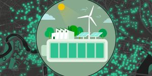Graphic of a green building with wind power, trees, and sunlight in the background, on a satellite map