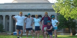 Ayers (far left) with his pickup rugby crew at MIT in the early 2000s.