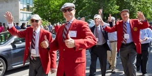 MIT alumni from the Class of 1969 march with their red jackets during Tech Reunions.