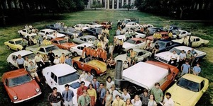 Students pose on MIT's Killian Court in 1970 with vehicles for the Clean Air Car Race