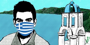 Illustration: a man wearing a protective mask with the Greek flag on it, in front of a Greek landscape with blue water and a white church