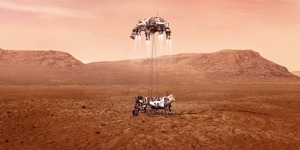 A rendering of the perseverance rover landing on mars