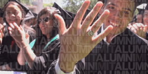 MIT alumni at graduation showing a Brass Rat on hand with MIT Alumni logo repeated across the image 